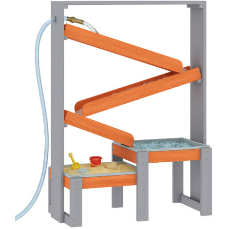 Table de Jeux de Sable et Eau en Bois, Table d'Eau avec Circuit, 2 Bacs pour Enfants de 3 à 8 Ans Gris
