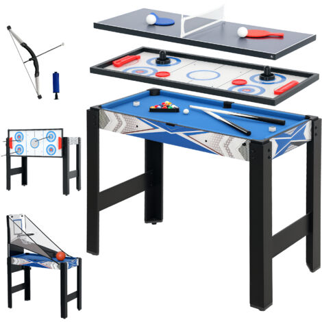 Table de jeux multifonctions 5 en 1, Billard, ping-pong, jeu de palets, mini basket, tir à l'arc, bleu-Bleu