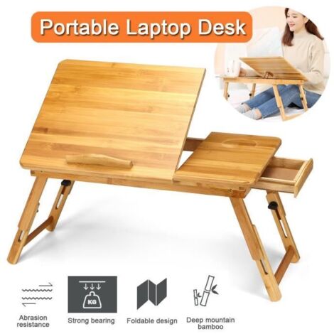 Table de Lit avec 1 Tirroir Réglable en hauteur Support PC Pliable en bambou Multifonction