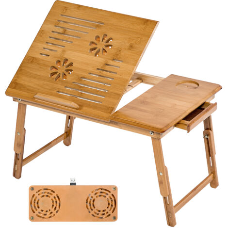 Tectake – Table de lit pour ordinateur portable en bambou – Réglable 23-33 cm – Dimensions 55x35 cm – Poids 2,5 kg – Ventilateur USB inclus