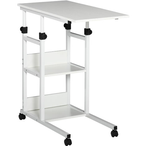 Table de lit/fauteuil - table roulante - hauteur réglable - 2 étagères intégrées - panneaux particules E1 aspect bois métal blanc