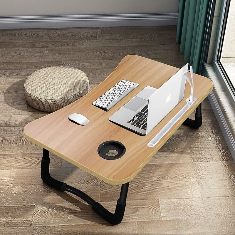 Table de Lit Pliable, Support Ordinateur Portable avec 4 Ports USB/Tiroir/Fente pour Tasse/Support Pad(60x40cm)