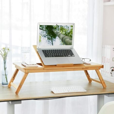 Table de lit pliable,Petite table en bambou pour ordinateur portable,pour Gaucher et Droitier, Plateau ajustable 5 positions, 72 x (21-29) x 35 cm ,Trous d’aération,Petit tiroir LLD004