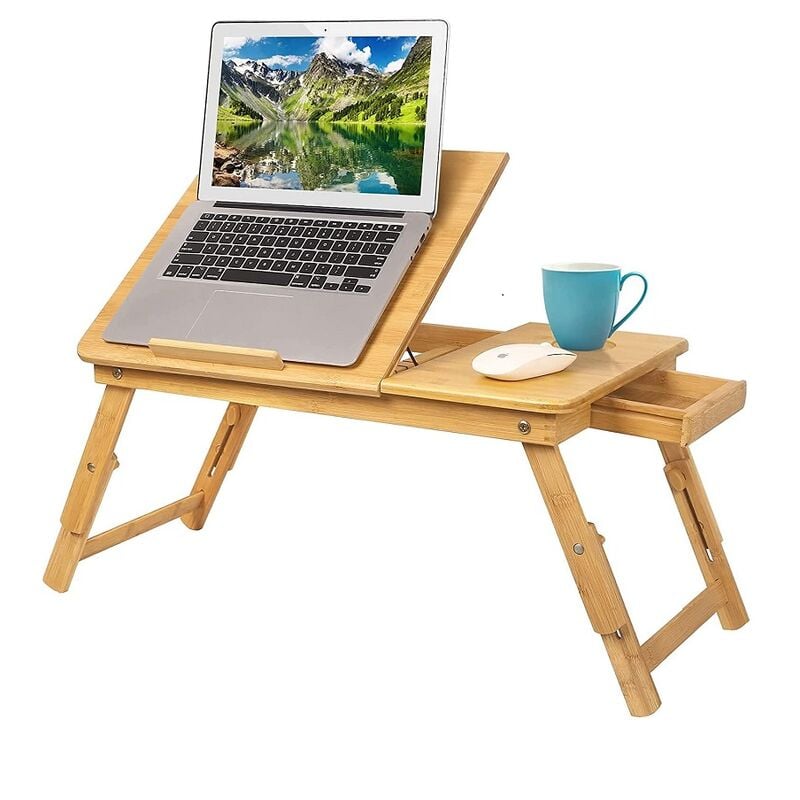 Hofuton Table de Lit pour Ordinateur Portable en Bambou, Plateau d'Ordinateur à Plateau Inclinable pour Ordinateur Portable avec Pieds Pliants pour