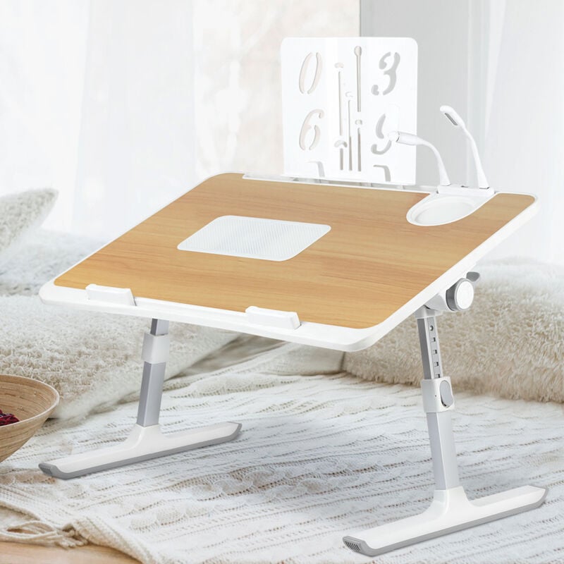 Table de Lit pour Ordinateur Portable, Pliable, Réglable en Hauteur et Angle, Plateau avec Refroidisseur pc, pour Canapé/Sol, 60x40cm, Couelur du Bois