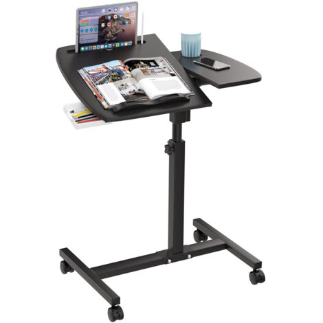 Table de Lit Roulette, Hauteur Ajustable Laptop Support de Souris Séparé, Bureau Debout Mobile 60x40CM avec Petit Tiroir, Bureau Pliable, 360° Bureau D'ordinateur Levage Rotatif Noir