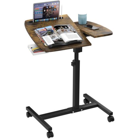 Table de Lit Roulette, Hauteur Ajustable Laptop Support de Souris Séparé, Bureau Debout Mobile 60x40CM avec Petit Tiroir, Bureau Pliable, 360° D'ordinateur Levage Rotatif Brown
