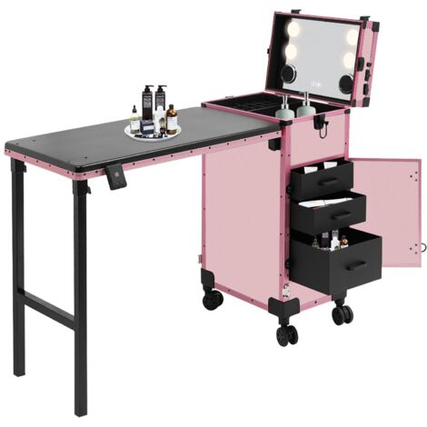 Table de manucure portable à 3 tiroirs, valise de maquillage à roulettes avec rangement pour vernis à ongles, table de manucure pliable avec miroir pour techniciennes en ongles, rose