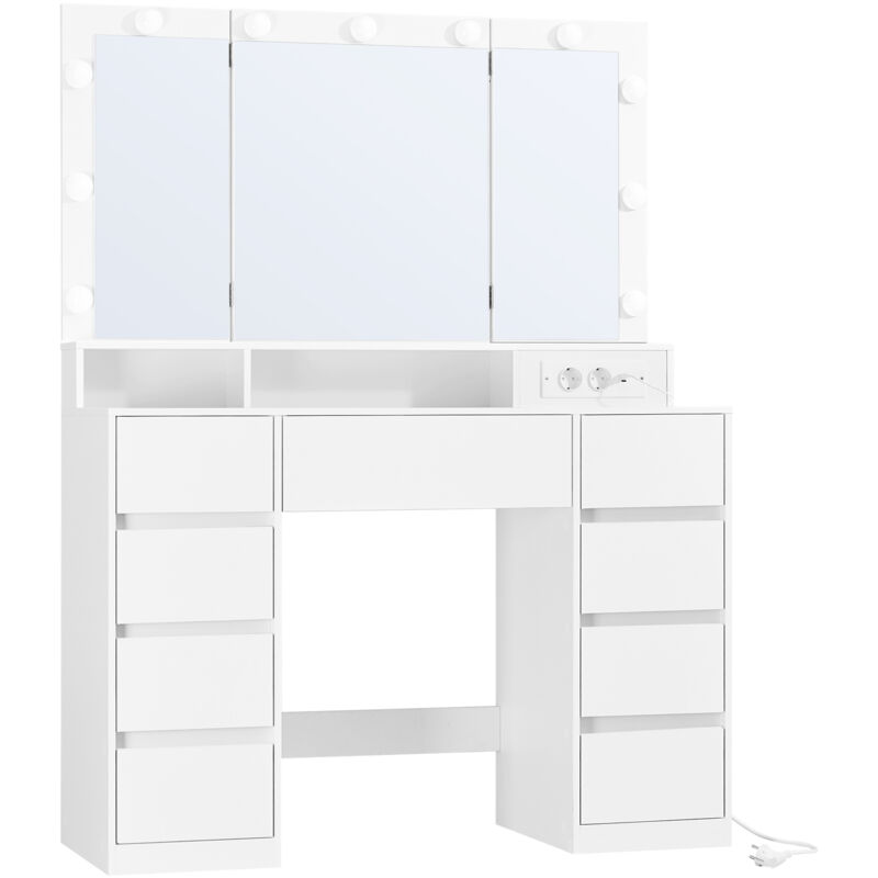Table de Maquillage avec 9 Tiroirs, Miroir Triple Pliable, Éclairage LED 3 Couleurs, Chambre, Multiprise Intégrée, Blanc