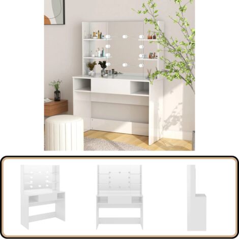 Table de maquillage avec éclairage LED MDF Blanc brillant - Coiffeuse - Meuble De Salle De Bain - Table De Maquillage - Miroir Lumineux - Éclairage Led