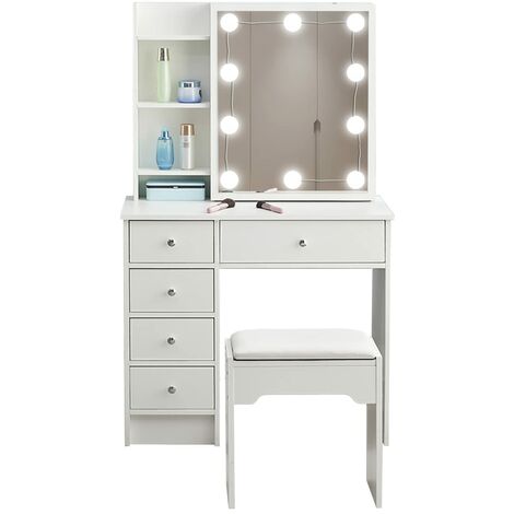 Table de maquillage avec lumières LED à luminosité réglable, coiffeuse blanche avec miroir coulissant et tabouret pour chambre à coucher, 7 étagères, 5 tiroirs