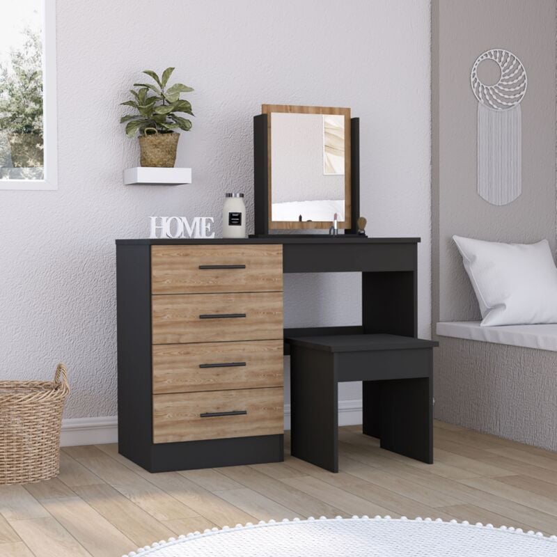 Tuhome Concept - Table de maquillage avec miroir Kaia et siège inclus 126.7CM l x 100CM l x 42.5CM p Noir / Miel