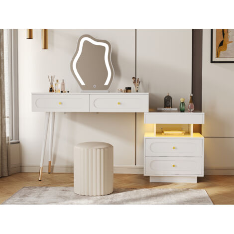 Table de maquillage avec miroir LED et éclairage - Coiffeuse blanche pour chambre avec 4 tiroirs spacieux et 1 compartiment de rangement ouvert - Blanc, dimensions : L140/P40/H130 cm (sans tabouret)
