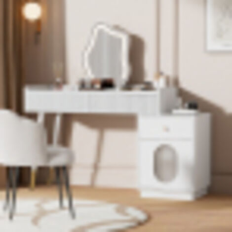 Table de maquillage avec miroir LED et éclairage, ensemble blanc pour chambre à coucher avec 3 tiroirs spacieux et 1 porte – 100×75×40 cm (sans tabouret) (ancien SKU RN3190801AAW)