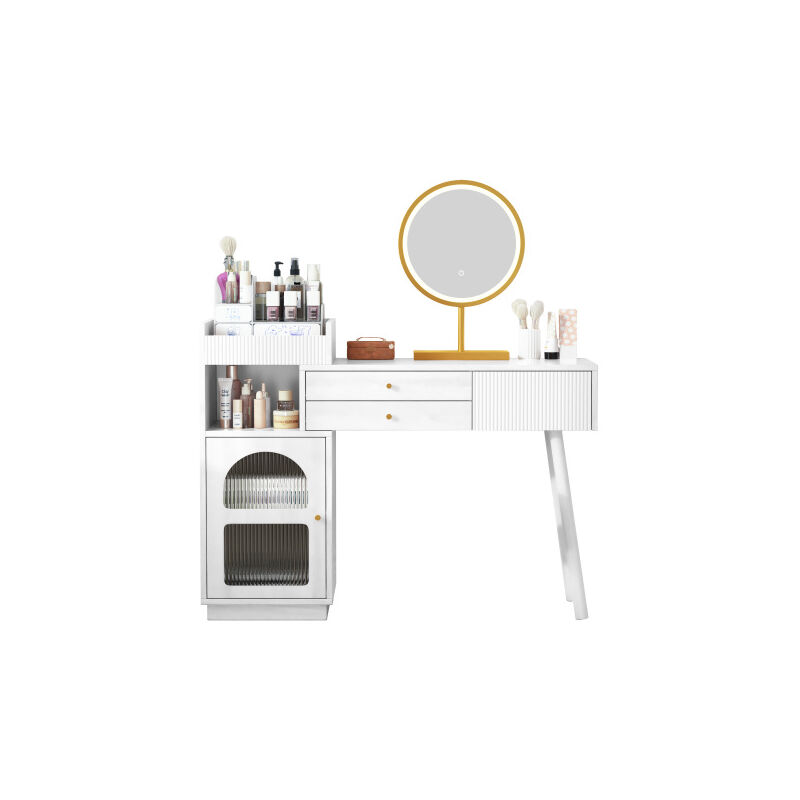 Table de maquillage avec miroir LED et éclairage tricolore, vanité en bois avec 3 tiroirs et armoires latérales, design de type tiroir. Dimensions: