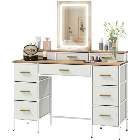 Table de maquillage avec miroir lumineux LED 3 couleurs, coiffeuse 10 tiroirs en tissu, 118,5 x 39,5 x 140 cm naturel