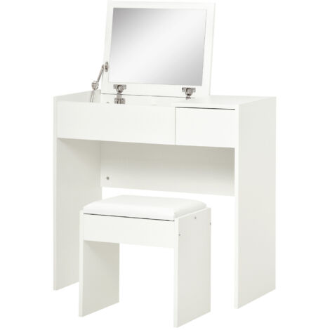Table de Maquillage avec Miroir Pliant, Coiffeuse Moderne avec Tabouret, Rangement à 4 Tiroirs, MDF Blanc, 80x40x79 cm