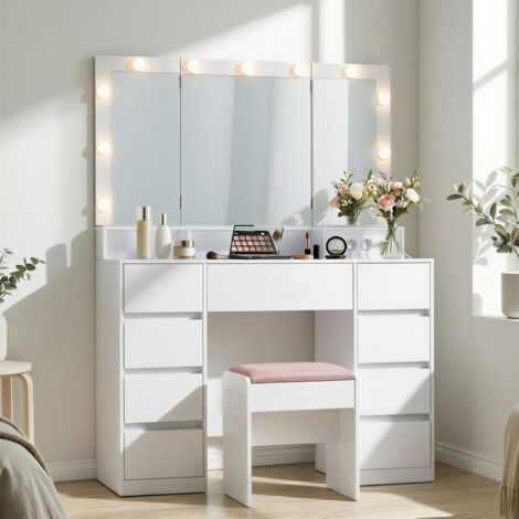 Table de Maquillage avec Tabouret, 9 Tiroirs, Miroir Triple Pliable, Éclairage LED, Multiprise, Blanc et Rose