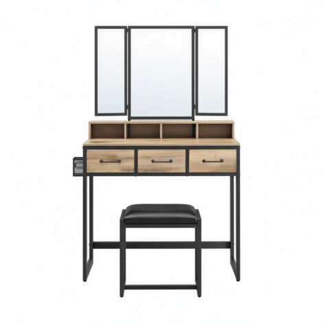 Table de Maquillage avec Tabouret Rembourré, avec Miroir Triple, 3 Tiroirs, Porte-sèche-Cheveux, Pot, Style Industriel, Marron et Noir