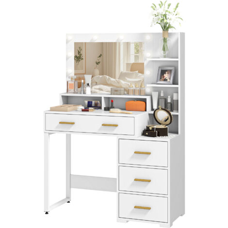 Table de maquillage blanche avec miroir éclairé 9 LED, 4 tiroirs et 6 étagères, 100x40x138 cm