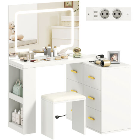 Table de maquillage blanche avec miroir lumineux LED, coiffeuse avec tabouret, 6 tiroirs de rangement, éclairage réglable, dimensions 118x78x135 cm, meuble beauté salon.