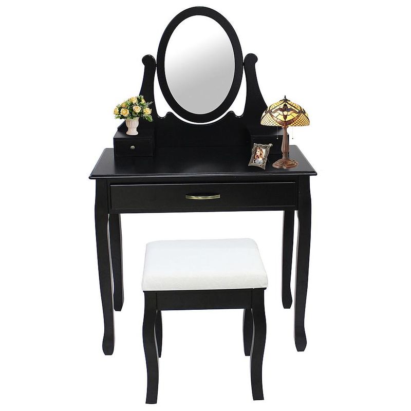 Table de Maquillage, Coiffeuse, 3 tiroirs, miroir ovale, Noir, Matériau: MDF, Bois de Paulownia