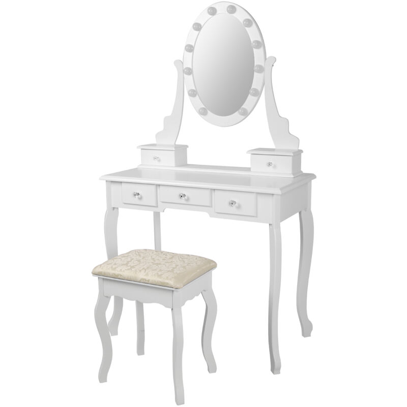 ML-Design Coiffeuse Table de Maquillage Blanc avec Tabouret, Éclairage LED, Miroir et 5 Tiroirs, 80 x 129 x 40 cm, Table de Toilette Moderne en Bois
