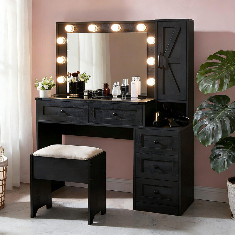 Coiffeuse Moderne Style Campagne avec Station de Charge + Prise + Ampoule, Table de Maquillage équipée de Miroir Éclairé + Tiroirs, Avec Tabouret,
