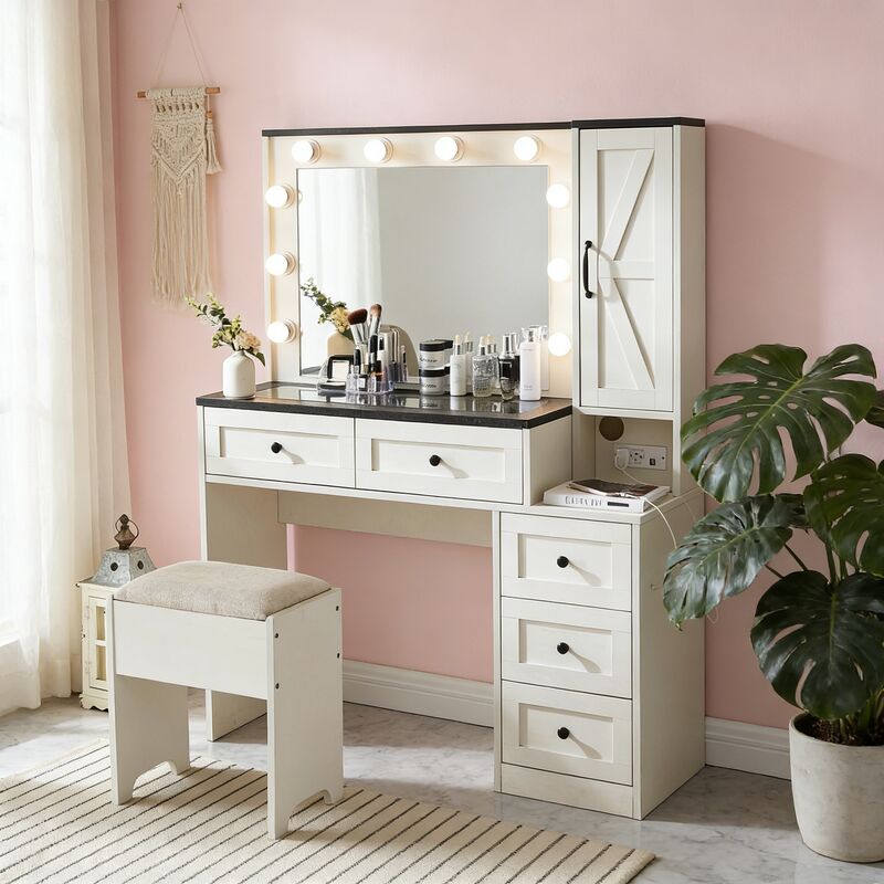 Coiffeuse Moderne Style Campagne avec Station de Charge + Prise + Ampoule, Table de Maquillage équipée de Miroir Éclairé + Tiroirs, Avec Tabouret,