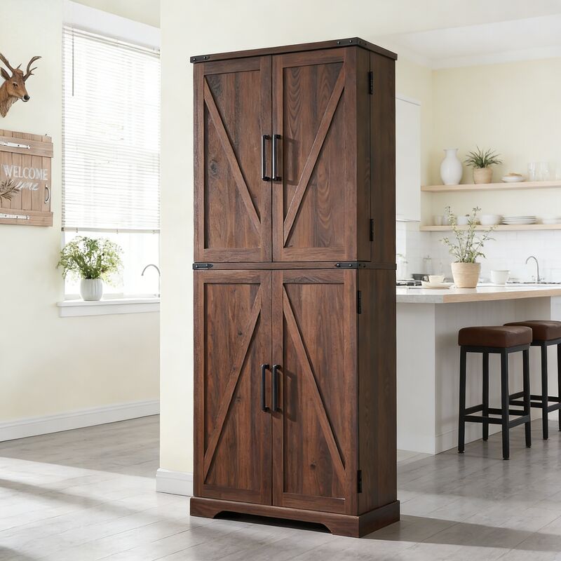Armoire de Cuisine Style Campagnard, Colonne de Cuisine 183 cm avec Portes Coulissantes de Grange, 1 Tiroir & Étagères Réglables, Grand Rangement