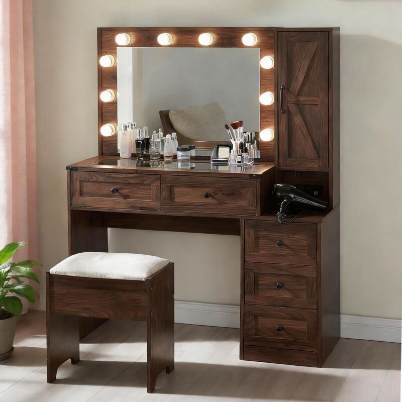Coiffeuse Moderne Style Campagne avec Station de Charge + Prise + Ampoule, Table de Maquillage équipée de Miroir Éclairé + Tiroirs, Avec Tabouret,