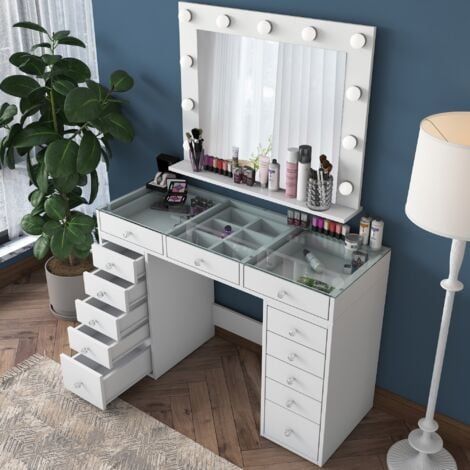 Table de Maquillage Élégante 120x79.8x44.5 cm avec Miroir Grand Format et Rangement - Blanc