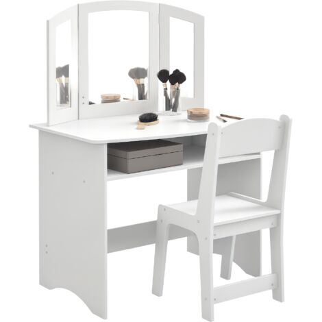 Table de maquillage enfant avec miroir triple et chaise en bois blanc convertible en bureau