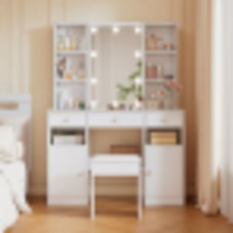 Table de maquillage grande avec éclairage LED réglable, miroir et tabouret, 3 tiroirs et 2 portes, blanc, pour chambre à coucher, design élégant et pratique – H151×L110×P40 cm