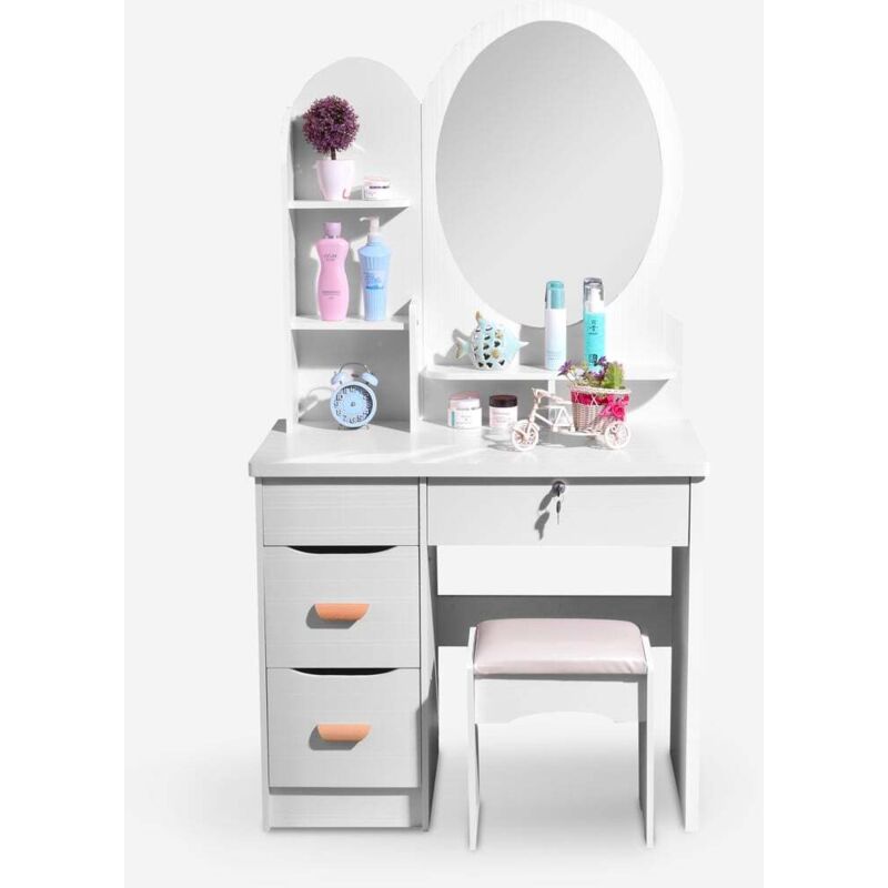 Coiffeuse et table de maquillage pour chambre avec tabouret miroir rond Babette