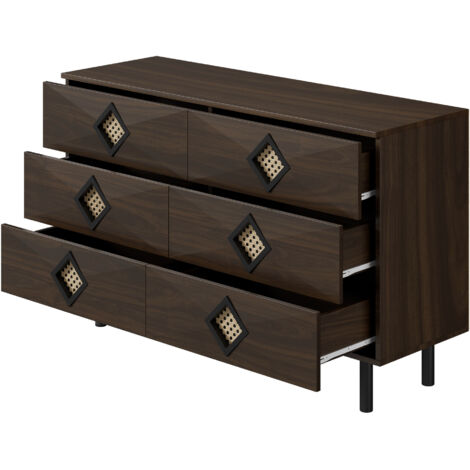 Table de Maquillage Moderne à 6 Tiroirs, Poignées Décoratives en Rotin, Rangement Pratique pour Intérieur, Chambre & Pièce de Vie