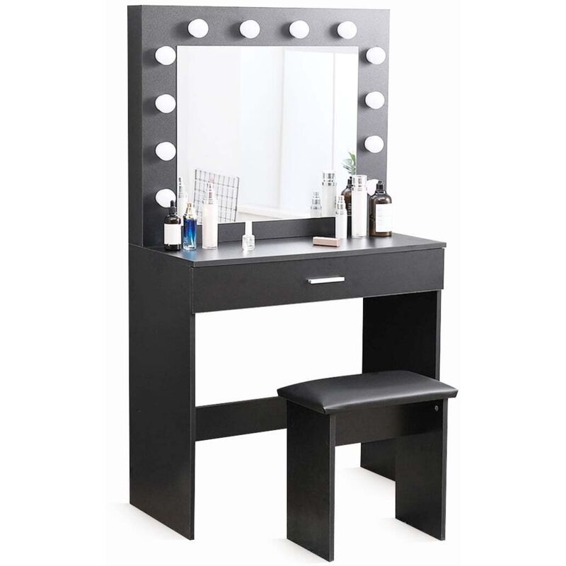 Coiffeuse table de maquillage noire avec tabouret miroir à LED Gaia Black
