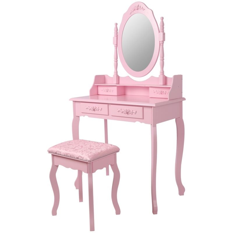 Ml-design - Coiffeuse Table de Maquillage Rose avec Tabouret , Miroir et 4 Tiroirs , 75x140x40 cm, Table de Toilette en Bois mdf, Table de Cosmétique
