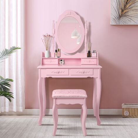 Table de maquillage rose rustique table de coiffeuse avec miroir et tabouret MDF