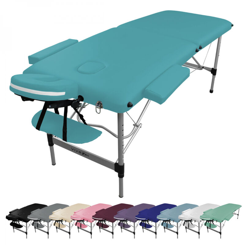 Table de massage pliante 2 zones en aluminium + Accessoires et housse de transport - Bleu turquoise - Vivezen