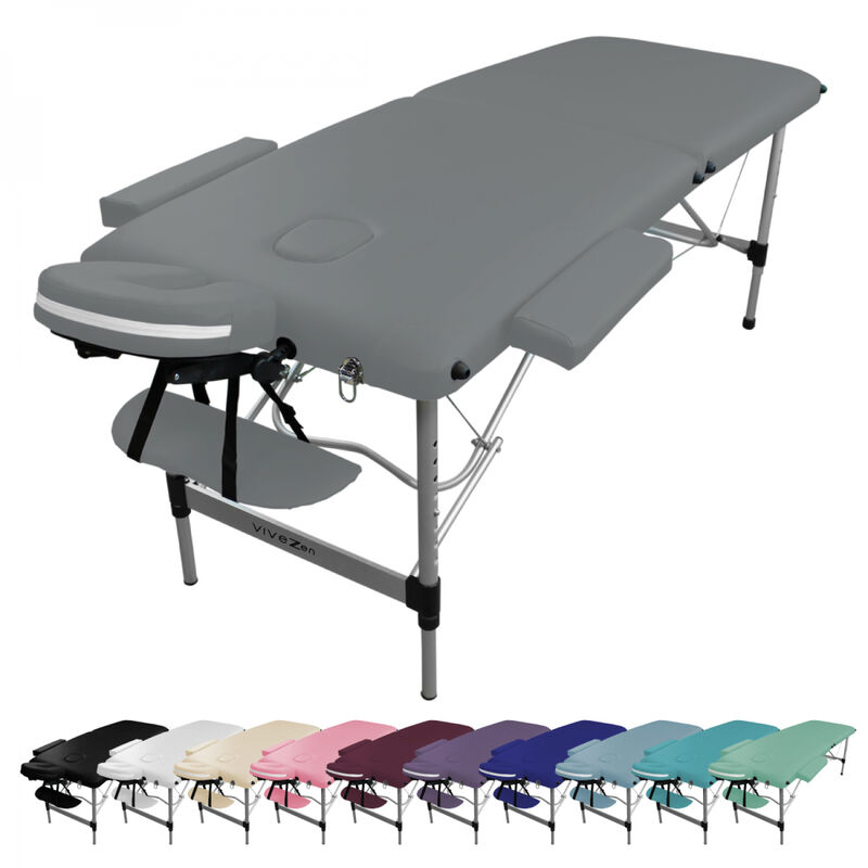 Table de massage pliante 2 zones en aluminium + Accessoires et housse de transport - Gris - Vivezen