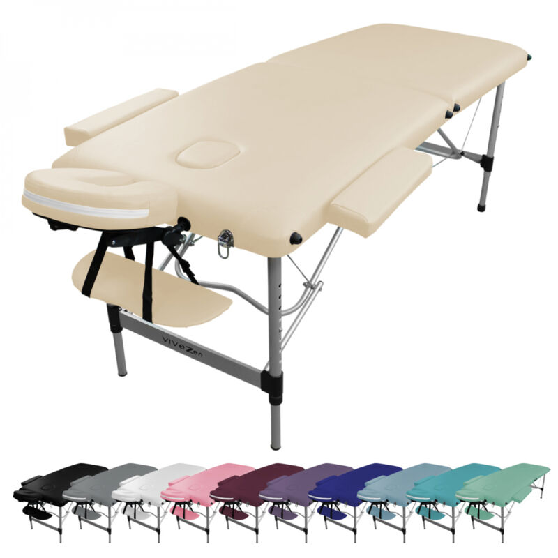 Table de massage pliante 2 zones en aluminium + Accessoires et housse de transport - Beige Vivezen