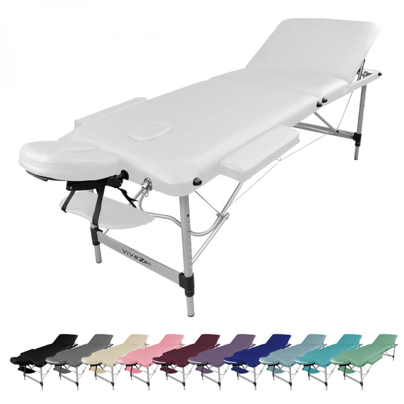 Table de massage pliante 3 zones en aluminium + Accessoires et housse de transport - Blanc - Vivezen