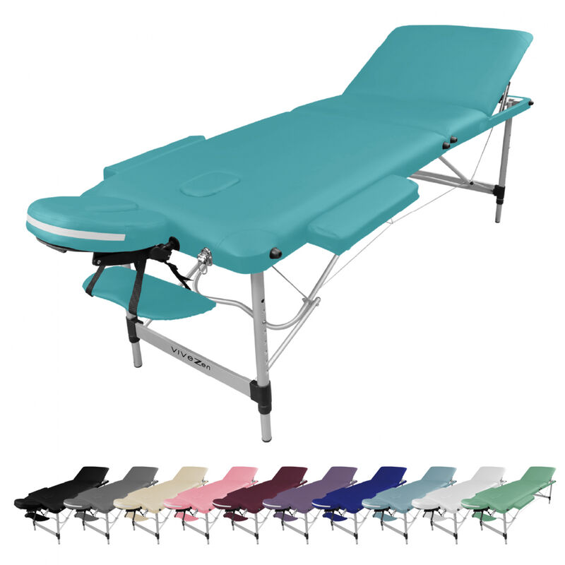 Table de massage pliante 3 zones en aluminium + Accessoires et housse de transport - Bleu turquoise - Vivezen