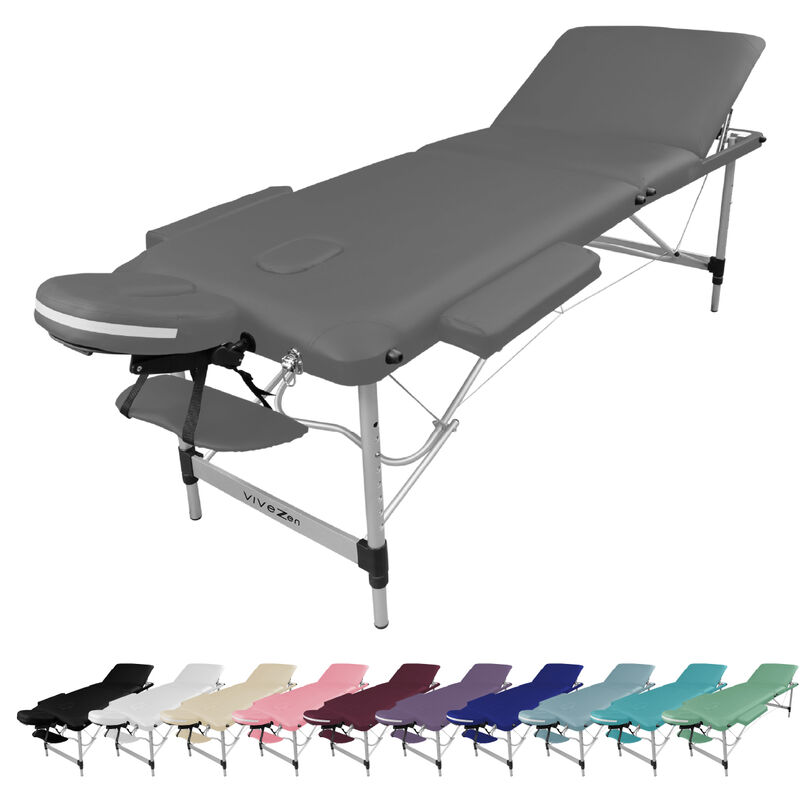 Table de massage pliante 3 zones en aluminium + Accessoires et housse de transport - Gris - Vivezen