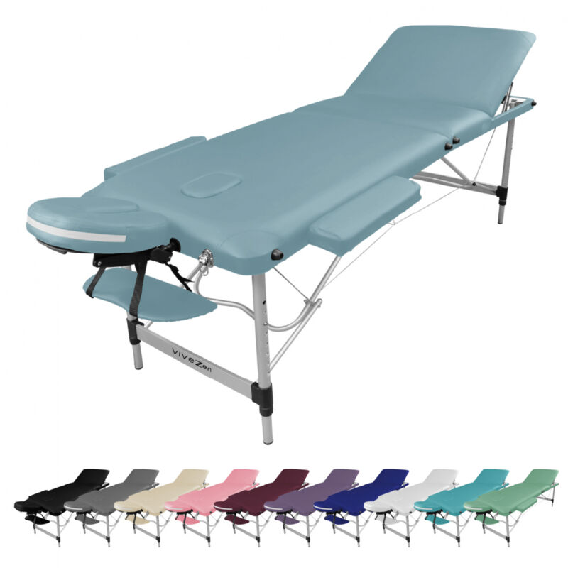 Table de massage pliante 3 zones en aluminium + Accessoires et housse de transport - Bleu pastel - Vivezen