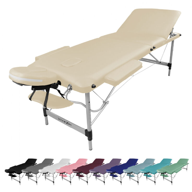 Table de massage pliante 3 zones en aluminium + Accessoires et housse de transport - Beige - Vivezen