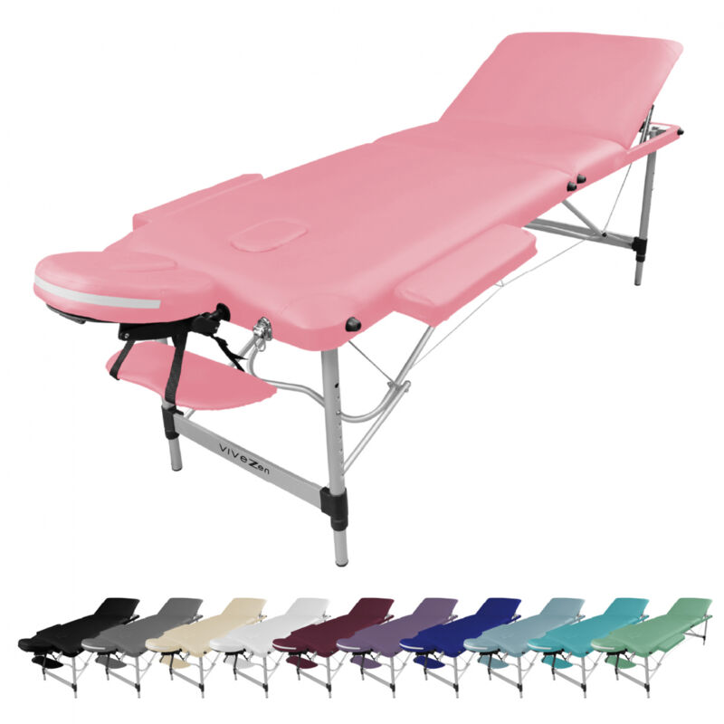 Table de massage pliante 3 zones en aluminium + Accessoires et housse de transport - Rose pastel - Vivezen