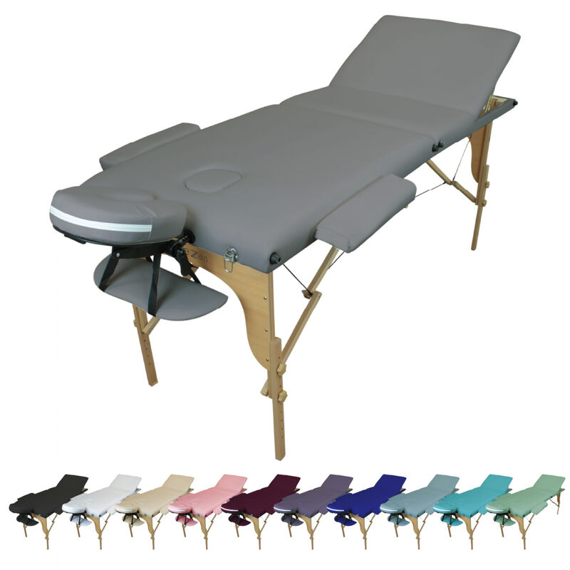 Table de massage pliante 3 zones en bois avec panneau Reiki + Accessoires et housse de transport - Gris Vivezen