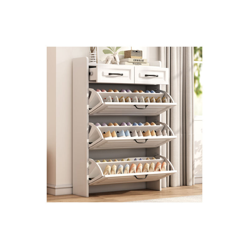 Meuble à chaussures blanc laqué, meuble à chaussures rotatif avec 2 tiroirs et 3 grands abattants, 80x23,5x120 cm